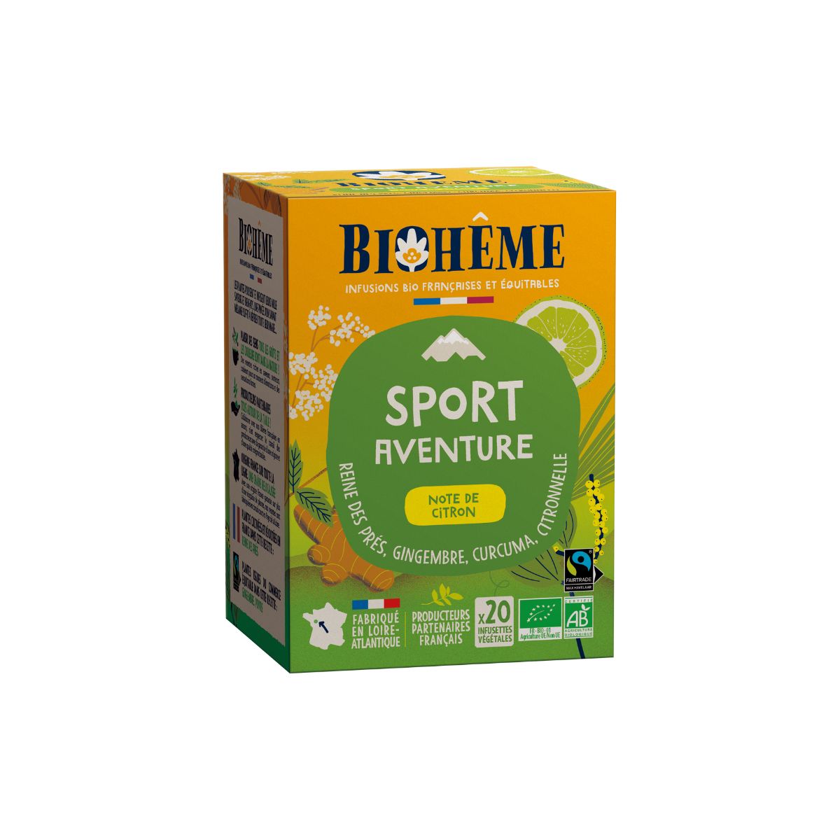 Boîte infusettes Sport Aventure Bio de Biohême. Infusion citron, gingembre, reine des prés.