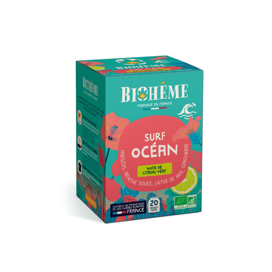 Boîte infusettes Surf Océan Bio de Biohême. Infusion, hibiscus, menthe, gingembre, citron vert.